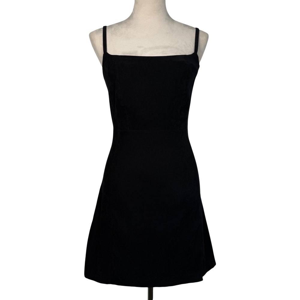 Vintage Express Black Faux Suede Mini Dress Square Neck Tailored XS 3/4 LBD